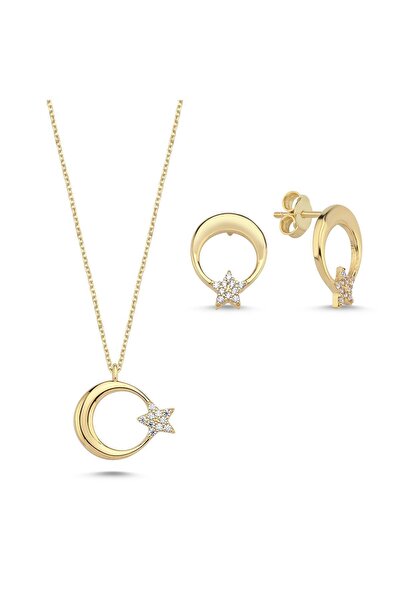 Online Takı Altın Ay Yıldız Kolye ve Küpe
