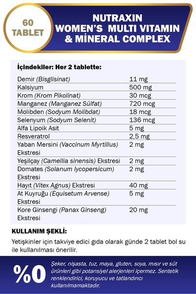 Nutraxin Multivitamin Kadın - (Multivitamin & Mineral Complex) 60 Adet Tablet