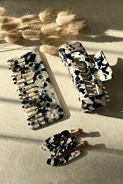 ODESE DESIGN Mandal Toka & 2'li Iz Yapmayan Klips & Tarak Seti Siyah Beyaz Me...