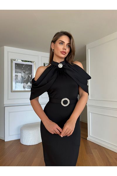 1Moda1Tarz Γυναικείο μαύρο εισαγόμενο καλοκαιρινό ύφασμα κατάδυσης με ζώνη φούντα καρφίτσα με λεπτομέρεια φόδρα σχεδίου