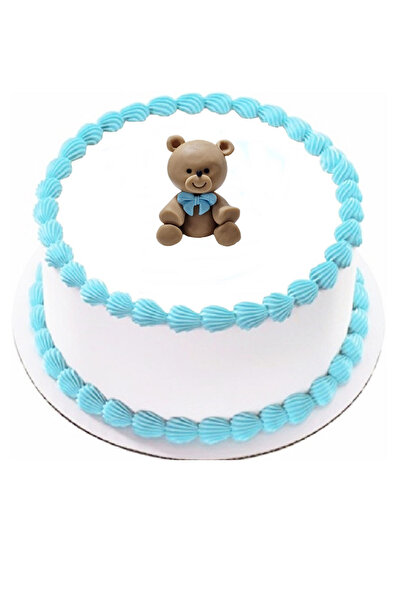 Pasta9 Şeker Hamurundan Pasta Tamamlayıcı Süs Mavi Fiyonklu Ayıcık Modeli