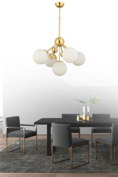 İstanbul Avize Larin 5'li Gold Beyaz Glop Camlı Avize