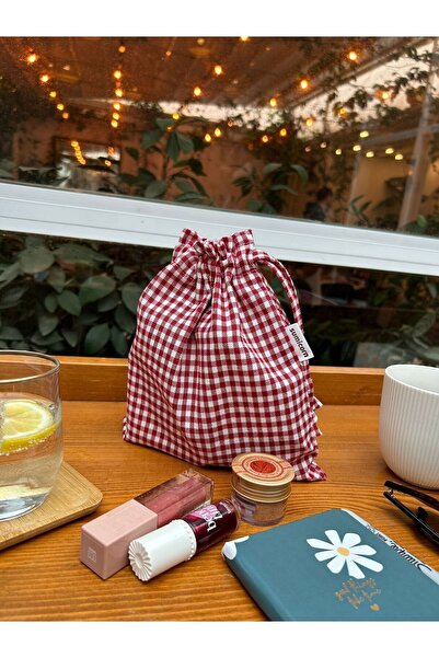 Sumicorn Design Mini Kırmızı Pötikareli Çevre Dostu Keten Büzgülü İpli Düzenleyici Kese,Hediye Kesesi,Makyaj Çantası