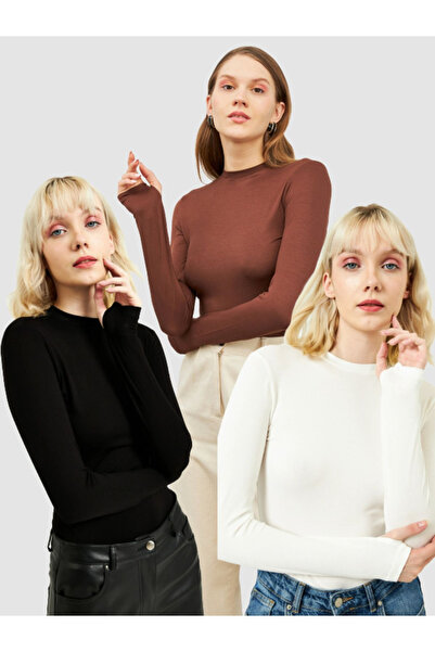 ZUXO طقم جسم برقبة دائرية مكون من 3 قطع - تفاصيل إصبع، أبيض وأسود وبني