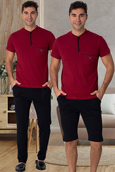 CT MODA Plus Size Claret Red Men's Pajama Set - 100% Cotton, Buttoned Summer Shorts Set