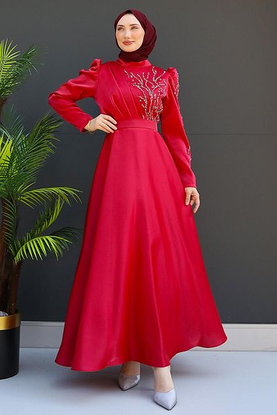 GİZ AGİYİM Burgundy Didem Hijab Evening Dress