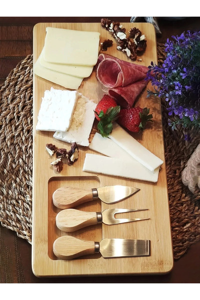 PİNK DESİGN KİTCHEN مجموعة تقديم الجبن المكونة من 4 قطع من الخيزران