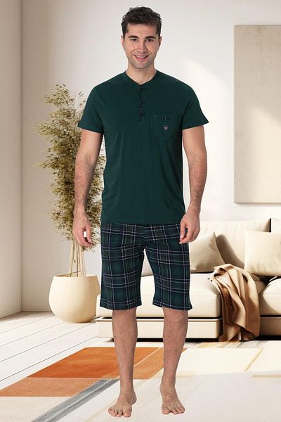 CT MODA Plus Size Men's Green Plaid Pajamas Set - 100% Cotton Shorts Set