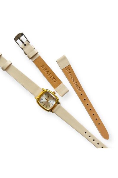 Brality Women's Wristwatch, Beige Color Gold Square Case, Genuine Leather Band, New Season Vintage Wristwatch 0034