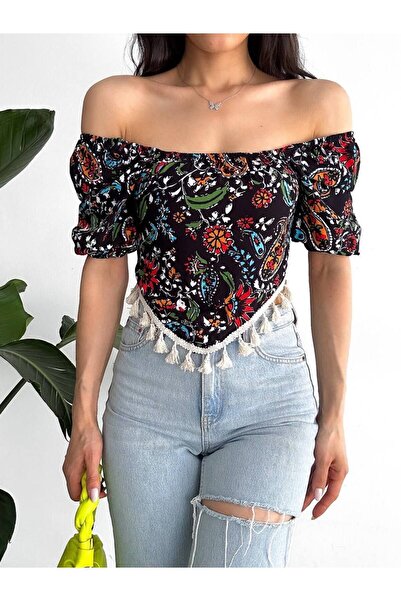 S&A Collectionn Kadın Madonna U Yaka Üçgen Püsküllü Çiçekli Crop Bluz