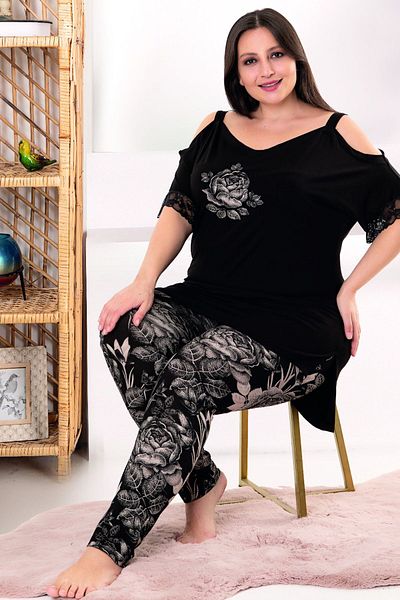 quilling Lady 10955 Black Floral Comfortable Large Size Combed Cotton Pajama Set