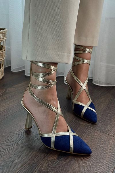 POLKA STORE Women's Maggie Navy Blue Suede Ankle Strap Gold Piping Pointed Toe Heeled Shoes