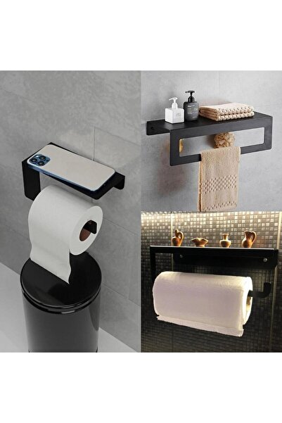 JaguArt Modern Metal 3'lü Set Raflı Banyo Mutfak Havlu Askılığı Rulo Havlu As...