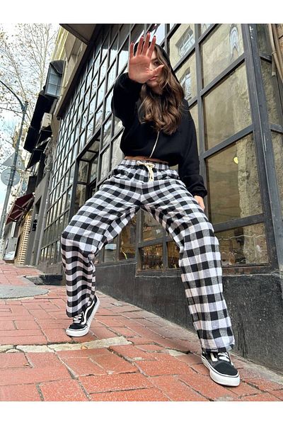 DENİKK Trend Unisex καρό μοτίβο λαστιχένιο παντελόνι με φαρδύ πόδι