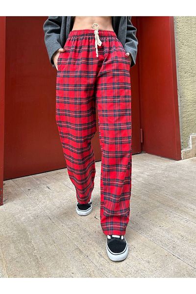 DENİKK Trend Unisex καρό μοτίβο λαστιχένιο παντελόνι με φαρδύ πόδι