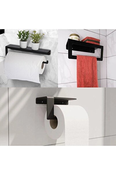 JaguArt Modern Metal 3'lü Set Raflı Banyo Mutfak Havlu Askılığı Rulo Havlu As...