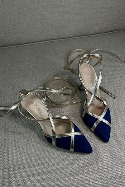 POLKA STORE Women's Maggie Navy Blue Suede Ankle Strap Gold Piping Pointed Toe Heeled Shoes