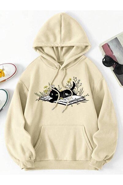 NoVibe سويت شيرت قطني شتوي كبير الحجم مطبوع عليه قطة وكتاب للجنسين