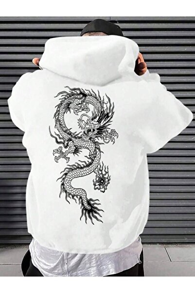 NoVibe Χειμερινό φούτερ με κουκούλα Unisex Oversize Dragon με στάμπα από βαμβάκι