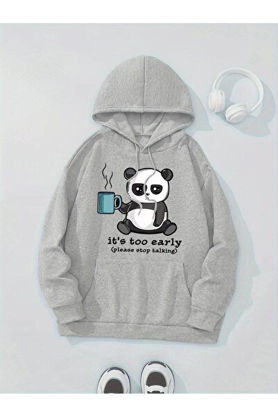 NoVibe Hanorac supradimensionat din bumbac cu glugă, unisex, cu imprimeu pand...