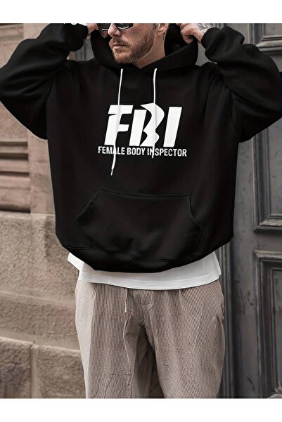 NoVibe سويت شيرت بقلنسوة كبير الحجم مطبوع عليه مكتب التحقيقات الفيدرالي للجنسين