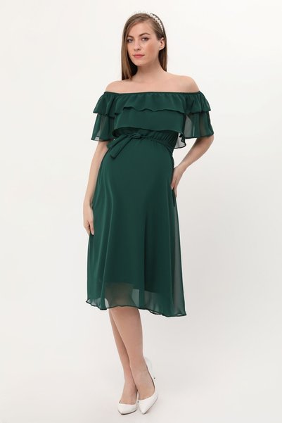 Azra Style Women's Maternity Ruffle Collar Chiffon Belted Dress Emerald Green 7000
