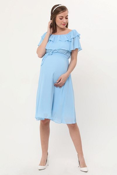 Azra Style Femeie Insarcinata Guler Carmen Rochie Sifon Cu Curea BABY BLUE 7000