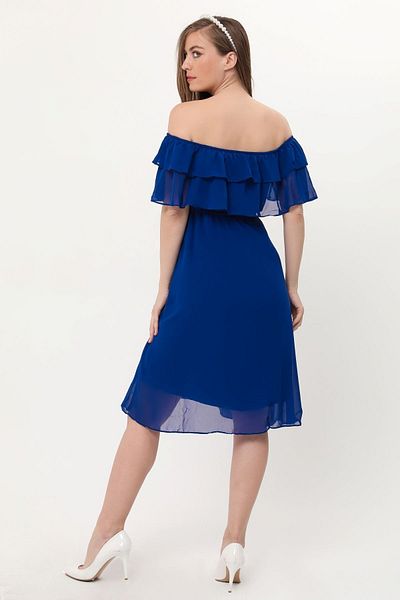 Azra Style Carmen Neckline Chiffon Belted Maternity Dress - Sax Blue 7000