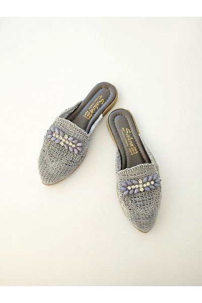 BUTİK İPEK Gray Stone Detailed Closed Straw Lace Knitted - Outdoor, Home, and Dowry Slippers