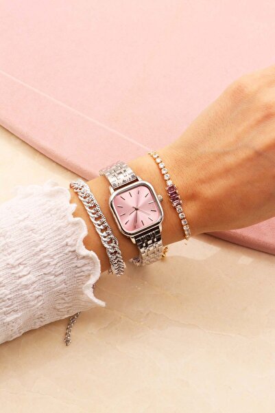 Northwatch Minimal Kare Pembe Kadran Gümüş Kadın Kol Saati