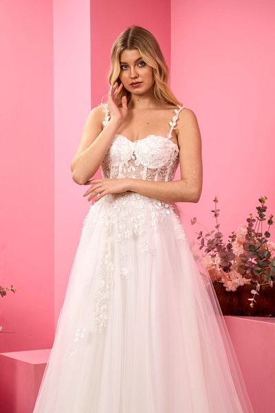 Lenta Moda Leaf Patterned White Strap Evening Dress - Wedding Dress