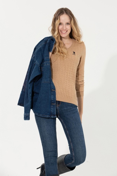U.S. Polo Assn. Kadın Camel Melanj Basic V - Yaka Kazak