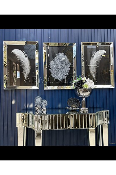 Armoni 3’lü Gümüş Aynalı Gümüş Simli Tüy Desen Tablo Seti