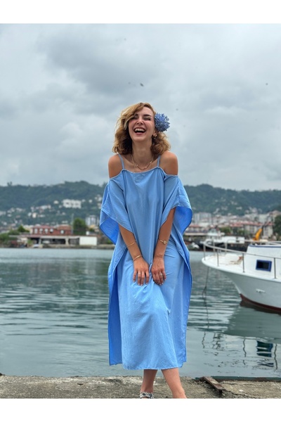 meutique DÜŞÜK OMUZLU MAVİ PELERİN MODEL ELBİSE