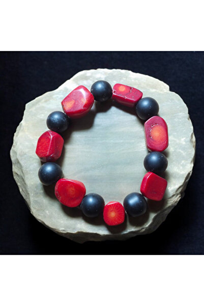 Doğal Taş Bileklik Kırmızı Jasper ve Obsidyen