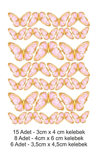 printiks Altın Renginde Pembe Kelebekler A4 Yenilebilir Süsü Pasta Kurabiye Ş...