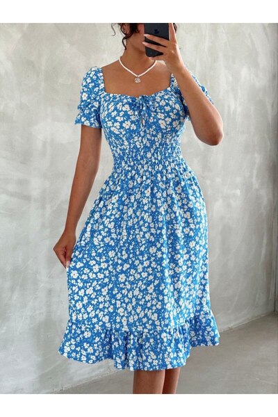 BE CHİC Women's - Gipeili Short Balloon Sleeve Princess Midi Dress, Floral Pr...