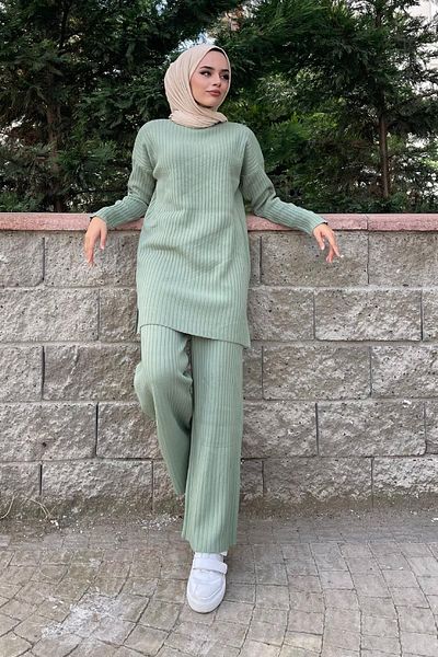 EkoGiyim Hijab Ribbed Long Sleeve Bottom-Top Double Suit Blouse Trousers