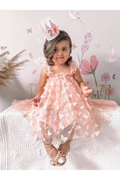 Petityu Сладко рокля с апликация на сьомга и пеперуди за рожден ден на момиче