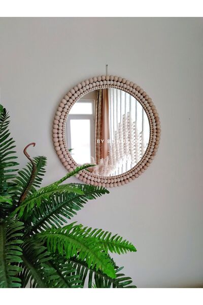BOHEM Dekoratif Ahşap Boncuklu Ayna 50cm, Yuvarlak Ayna , Konsol Ayna, Dekora...