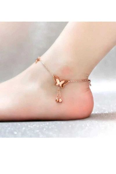 ESJ Stainless Steel Butterfly Detail Women's Anklet 20+5 cm Rose