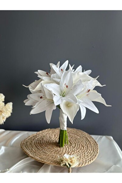 Luvienn Premium Lilyum-Gala Gelin Buketi-Damat Yaka Çiçeği-2 li Set