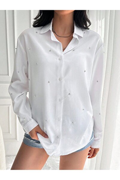 SERBA Λευκό Χρώμα Μακρυμάνικο Πουκάμισο με Πέτρινο Σχέδιο Κλασικό Γυναικείο Π...