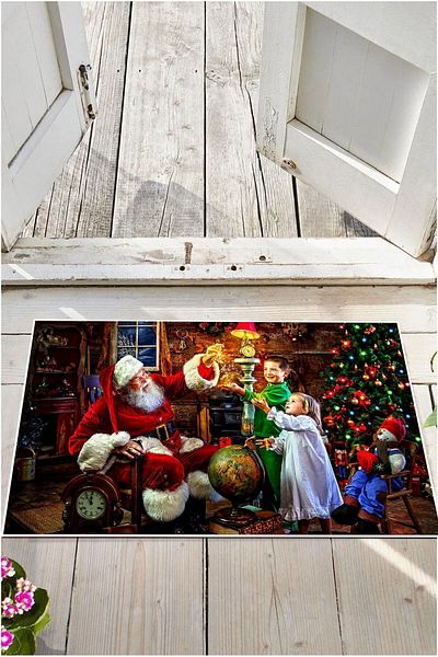 Şah Dekor Christmas Themed Santa Claus Figured Red Green Colored Digital Printed Bath Mat 50x70