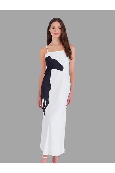 WOMAN VISION Rochie de damă din satin ecru, lungime maxi, cu imprimeu de cai lateral - 004