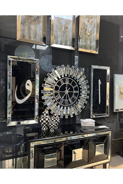 QUAL Gümüş Aynalı 3’lü 65 cm Saat ve 30*70 cm Tablo Seti