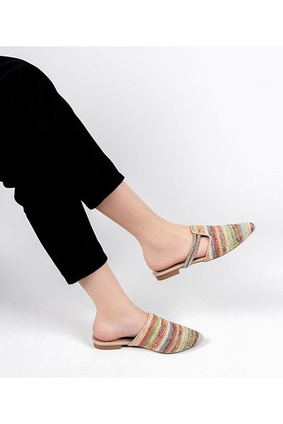 MİSS PARK MODA Beige and Red Colored Straw Stone Summer Slippers Sandals - Open Back, Pointed Toe