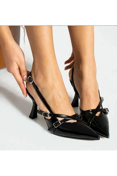 Afilli Pahar lucios din piele lacuita neagra - pantofi confortabili cu toc stiletto, doua curele si varf ascutit