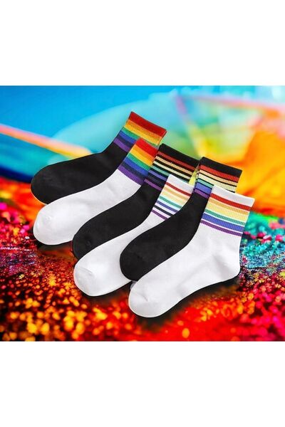 Çorabistaan 6 Çift Siyah Beyaz Çok Renkli Çizgili Kadın Tenis Çorap Dikişsiz