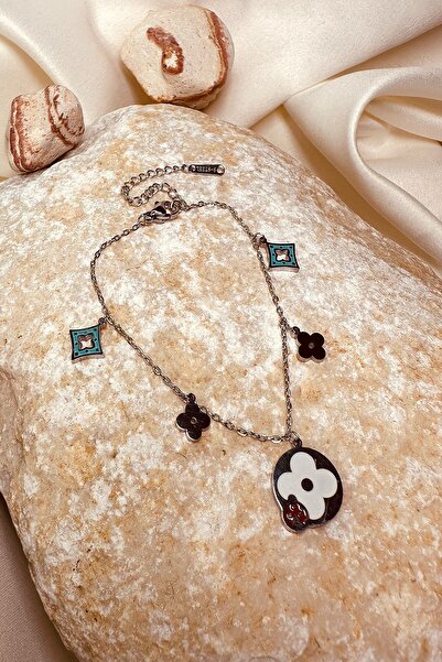 MOONİ ACCESSORİES Çelik Italyan Yonca Tasarım Mineli Şık Gümüş Silver Renk Pa...